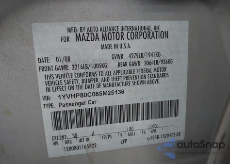 2008 Mazda Mazda6 I Sport Ve from USA, damaged, VIN 1YVHP80C085M25136